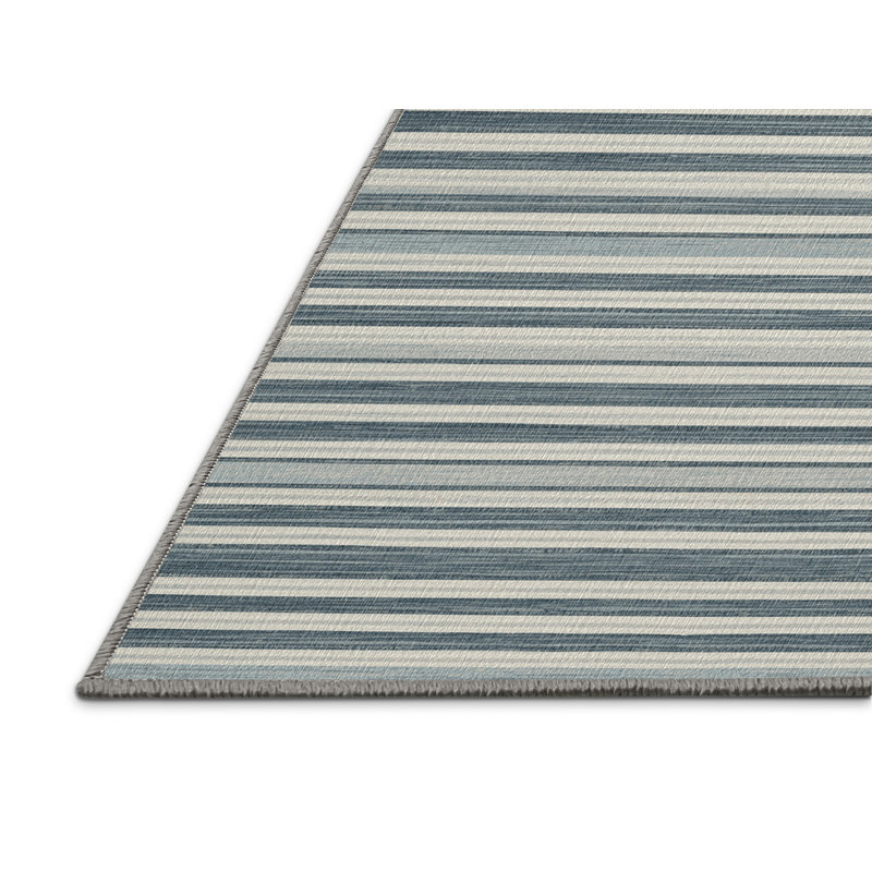 Washable Pale Blue White Striped Area Rug, Square 3'