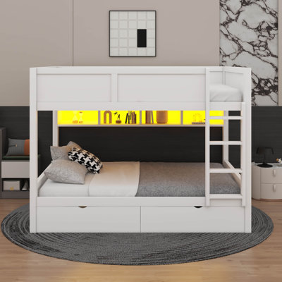 Full XL By Full XL Bunk Bed With Built-In Storage Units, LED Illumination, And Dual Drawers