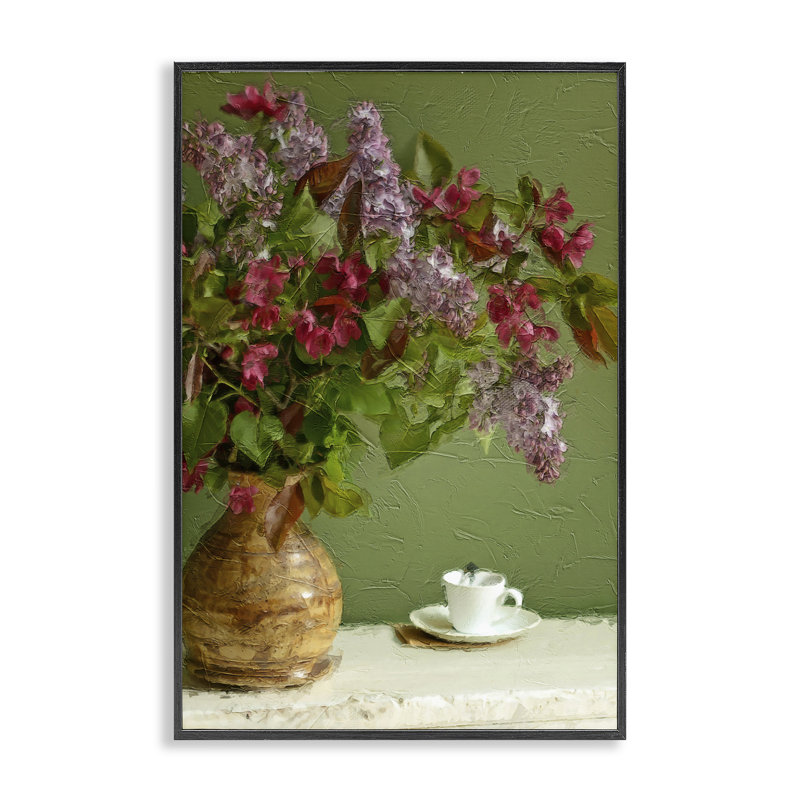 Fleurs et tasse à thé, estampe numérique par Sundance Group, LLC., H 18 po x l 12 po, Giclée encadrée noir minuit