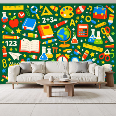 Kids Learning Peel and Stick Wallpaper for Classroom Colorful School Supplies Educational Icons Wall Murals 69"H x 96"W Removable PVC Wall Paper Self-Adhesive Wall Decor for Bedroom Nursery