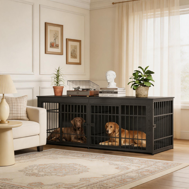 Cage en bois pour chien avec cloison pour grands chiens moyens, H 38,8 po x l 94,5 po x P 29,1 po, Noir