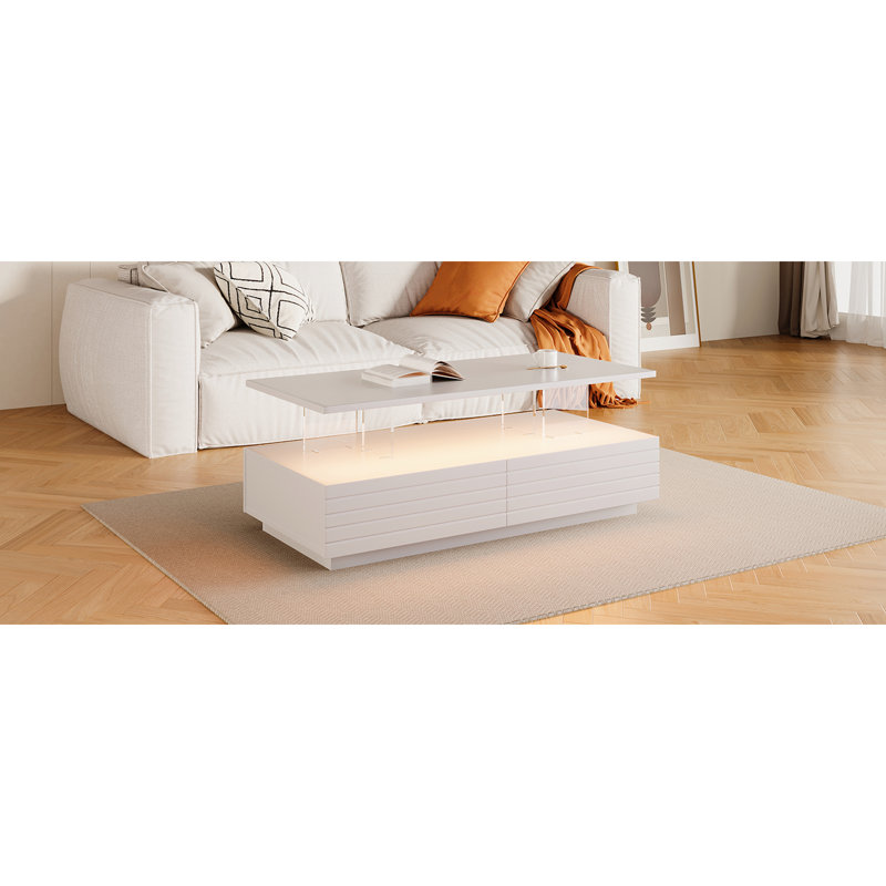 Table basse blanche de 47,2 po avec lumières à DEL et 2 grands tiroirs de rangement - aspect charmant, Blanc