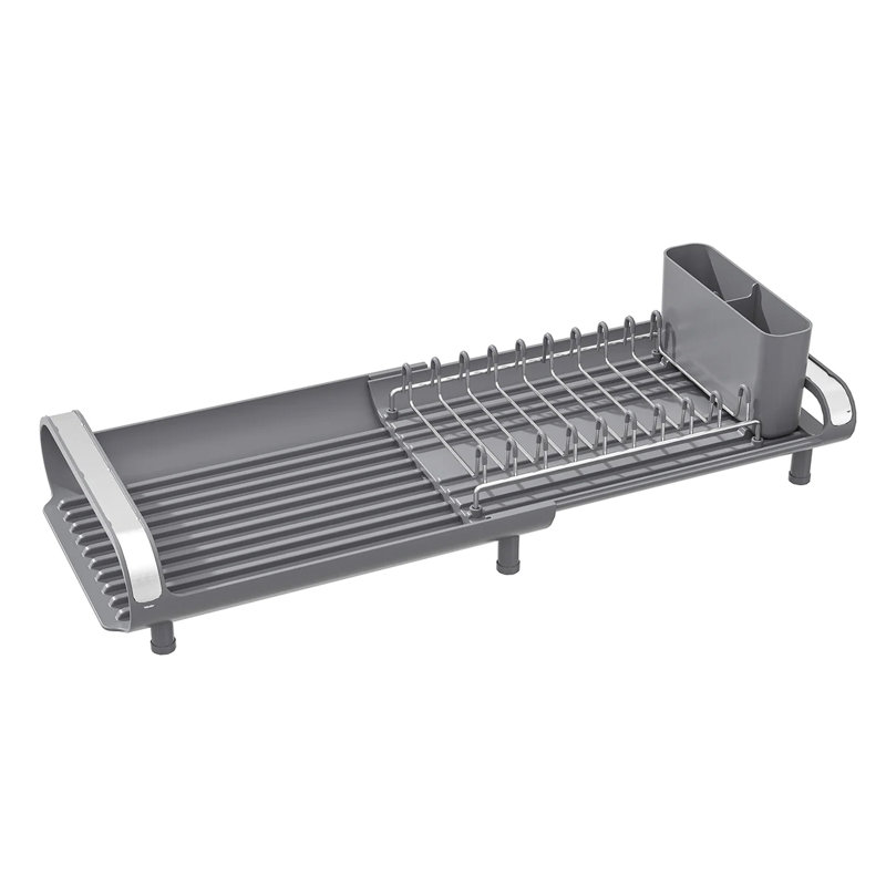 Compact Gray Metal Foldable Dish Rack with Utensil Cup