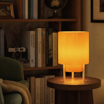 Lampe de table 10,04 "à intensité variable moderne avec abat-jour en tissu plissé double couche et base en bois massif, certifiée cULus pour la chambre à coucher, le salon, le bureau à domicile ou la salle d'étude