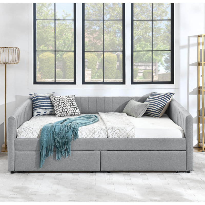 Daybed with Two Drawers Upholstered Sofa Bed, with Vertical Stripes Linen Fabric, Gray