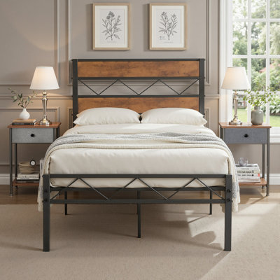Industrial Bedroom Set, Metal Platform Bed And 2 Nightstands Set, No Box Spring Needed, Easy Assembly