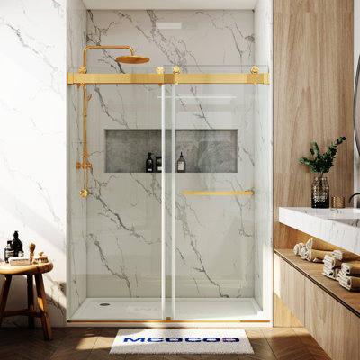 Porte de douche à double fermeture coulissante sans cadre avec verre transparent de 3/8 po (10 mm) Opal Mirage MCOCOD l 70-76,75 po x H 76 po