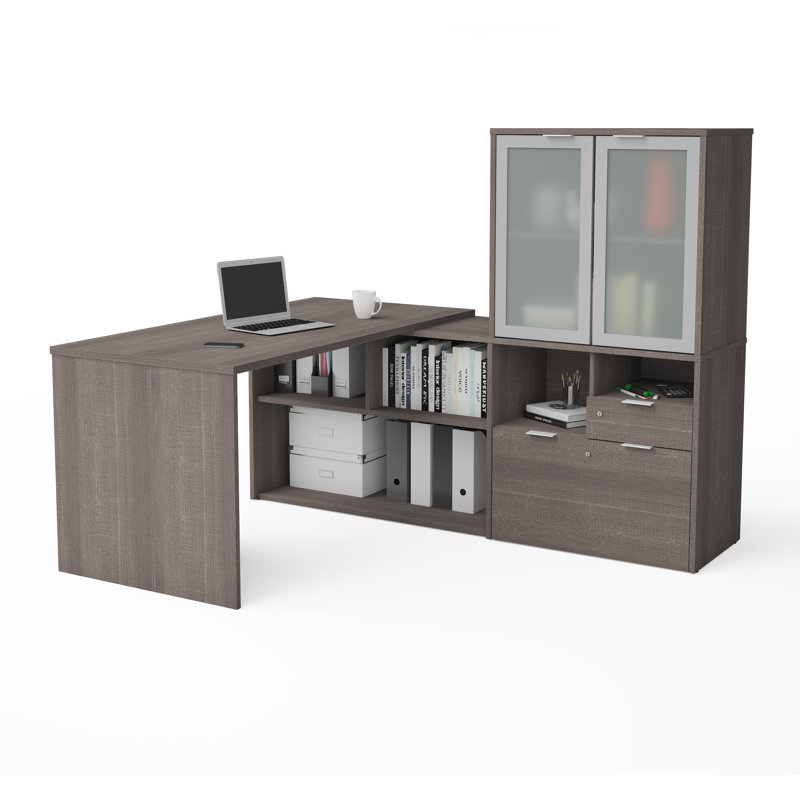 Bureau d'écriture en L réversible avec huche Opérle, Gris écorce