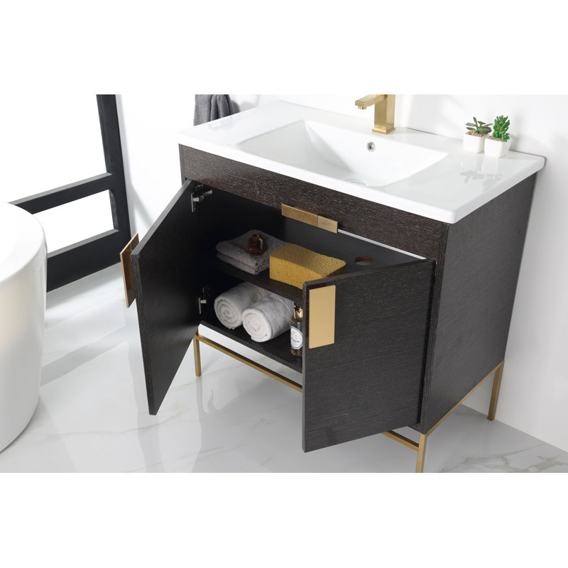 Ensemble de meuble-lavabo simple 36 po Maisie, Laiton satiné, Chêne noir à grain droit