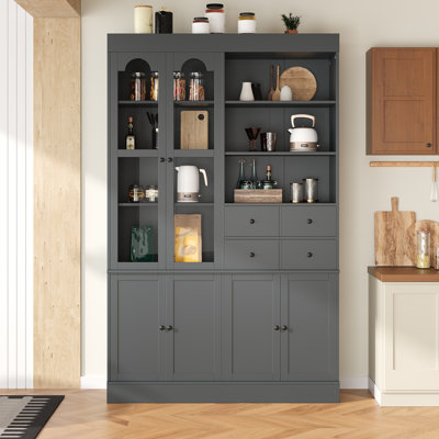 47.2X15.7X75inch Freestanding Buffet With Hutch, Tall Kitchen Pantry Cabinet With 4 Drawers, Door Shelves And Pull-Out Trays For Dining Room, Living R by Ebern Designs