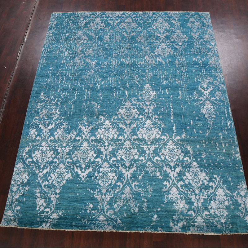Tapis bleu noué à la main de conception unique 8 pi x 10 pi 6 po New Age