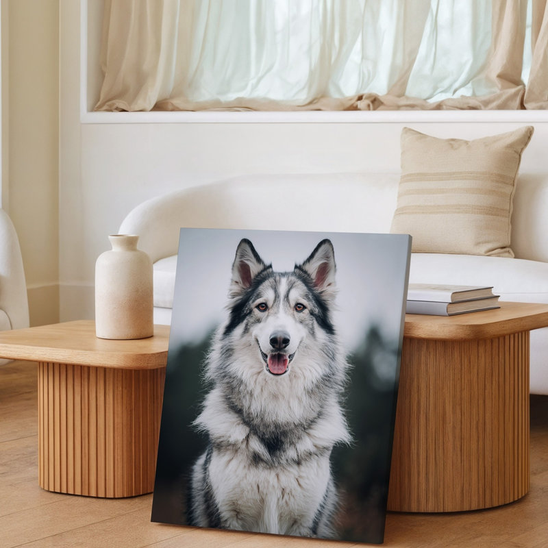 Toile, "Un majestueux chien moelleux avec un art mural gris et blanc saisissant", H 12 po x l 9 po
