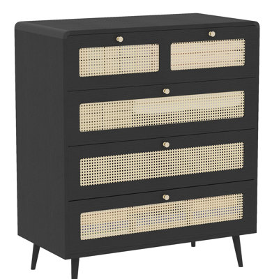 Commode 4 tiroirs, commode moderne en rotin avec tiroirs larges et poignées en métal, commode de rangement en bois de style campagnard pour chambre à coucher, salon, couloir, entrée