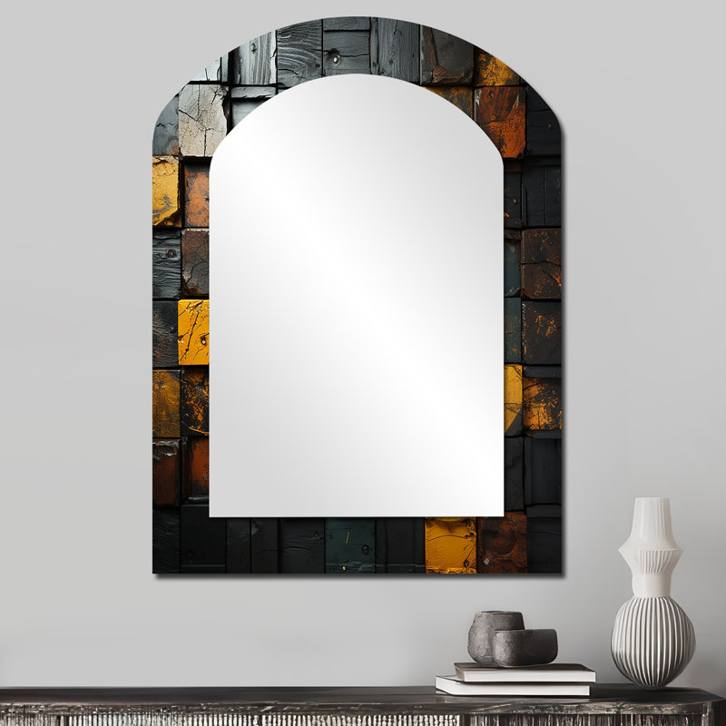 Grunge Gold Cubes Abstract Geometric I - Geometric Asymmetrical Large Mirror, Modern Arch Decorative Wall Mirror, Printed Metal Art