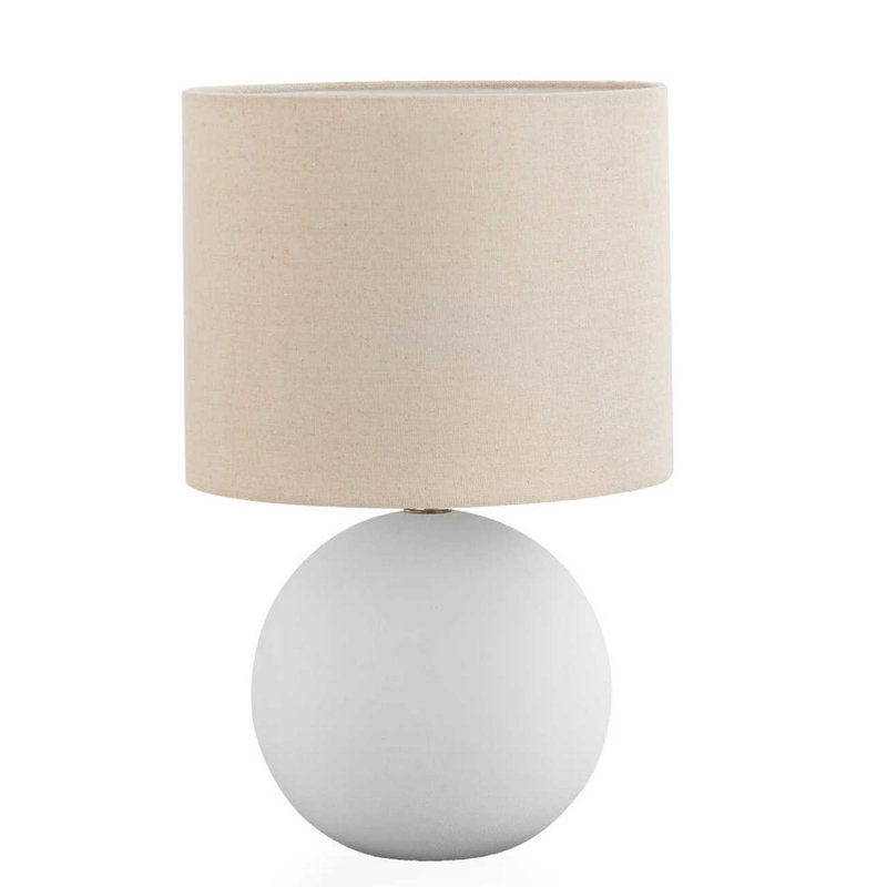 Lampe de table, corps sphérique rond en céramique 16 po, abat-jour tambour en lin beige