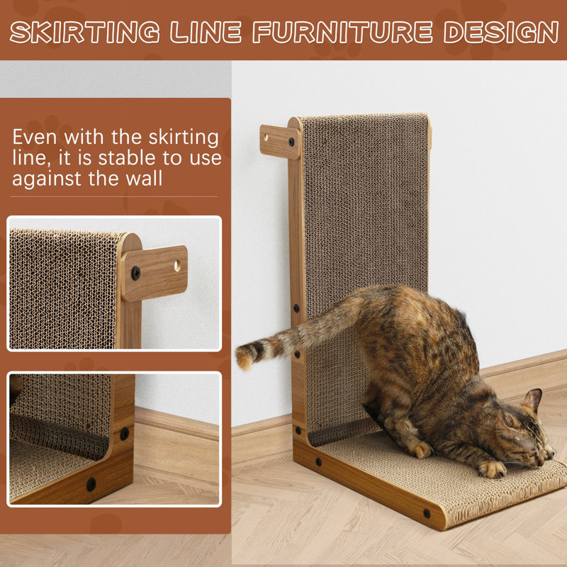 L-Shaped Brown Cardboard Cat Scratcher with Toy