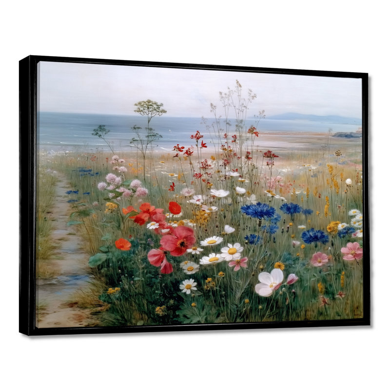 «Red Blue English Countryside Bloom of Wildflowers», reproduction d'art sur toile florale rouge, H 12 po x l 20 po, Noir