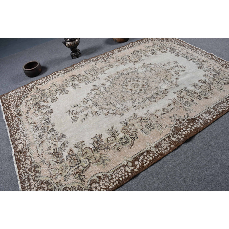 Grand tapis turc rétro fait à la main idéal pour les salons spacieux et les objets de décoration intérieure brun / beige