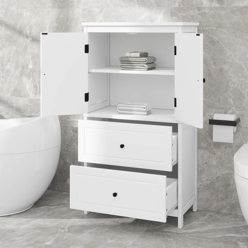 Grande armoire de rangement pour salle de bain, armoire avec deux portes et tiroirs, tablette réglable, Blanc
