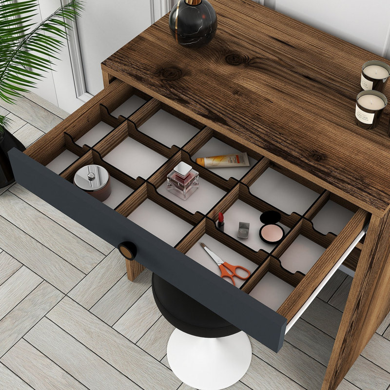 Table de maquillage moderne avec miroir, noyer et anthracite, 27,6 po x 15,7 po x 33,1 po | 100% panneau de particules enduit de mélamine, épaisseur de 0,7 pouce | Conception élégante pour les amoureux de la beauté, peu encombrante et fonctionnelle