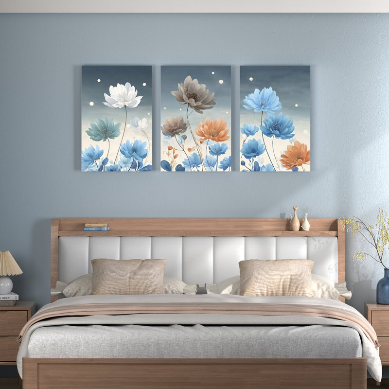 «Blue and Orange Floral», ensemble de 3 reproductions botaniques abstraites sur toile, H 36 po x l 72 po