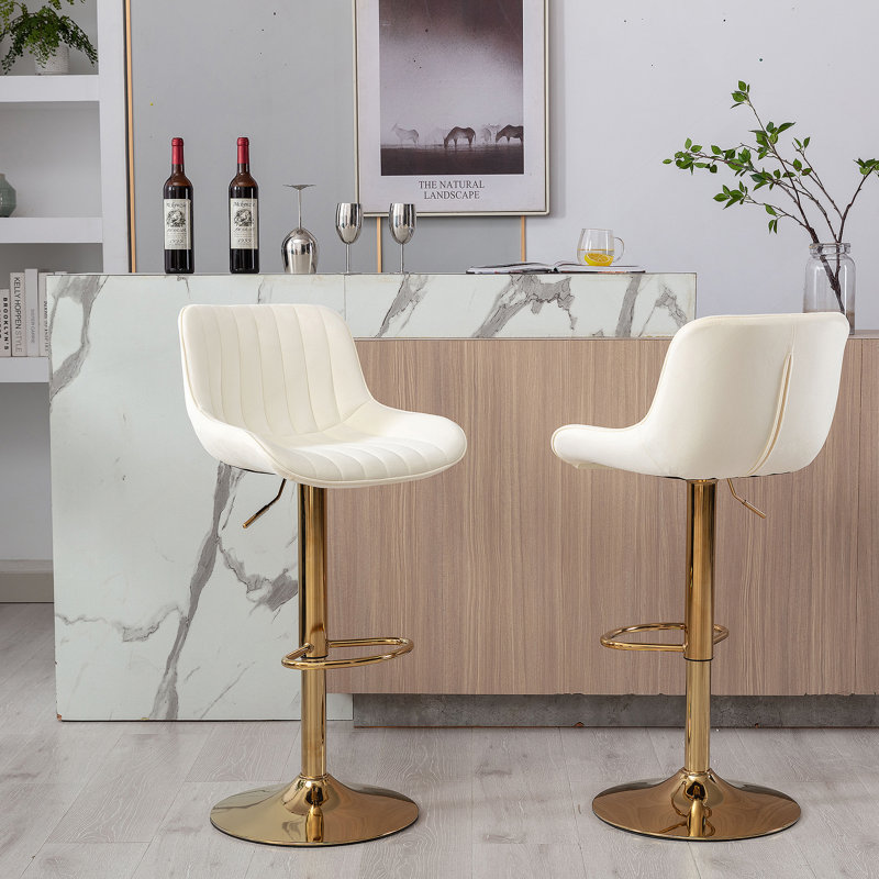 Tabourets de bar réglables avec repose-pieds chromé et levage mécanique, Ivoire ivoire