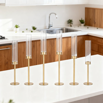 Ensemble de 6 porte-bougies hauts en forme de chandelier en laiton avec abat-jour ouragan en verre