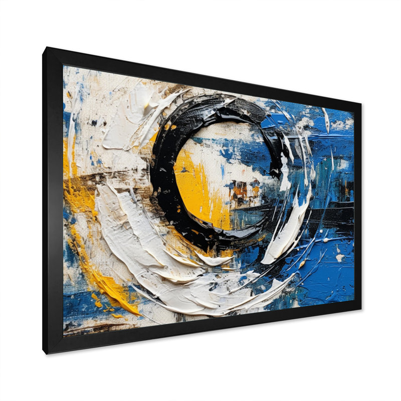 Fusion cubiste bleue et blanche sur toile, H 12 po x l 20 po x P 1 po, Cadre simple noir
