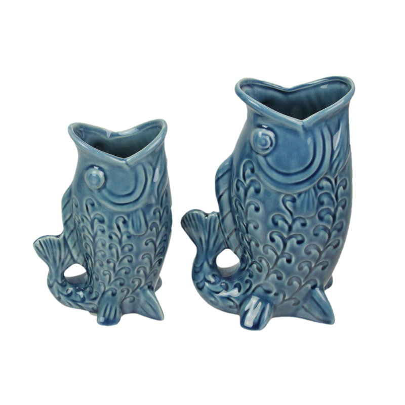 Ensemble de 2 vases en porcelaine céramique bleue brillante à décor de poissons côtiers et de volutes, hauteur 17 cm