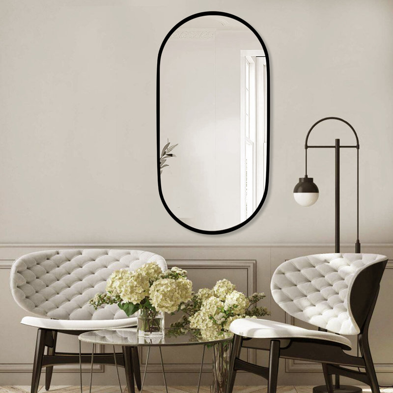 Stavya 36"H x 18"W Modern Minimalist Wall Mounted Oval Vanity Metal Mirror, Matte Black