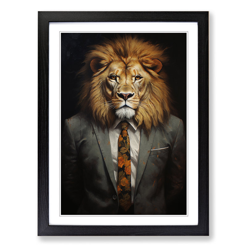 Lion In A Suit Framed Print, 64cm H x 46cm W x 2cm D, Black