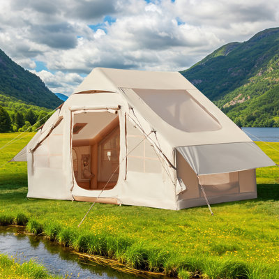 Inflatable Tent 8-12 Person with Stove Jack, Easy Setup Blow Up Camping Tent 4 Season Waterproof with Canopy for Family Glamping