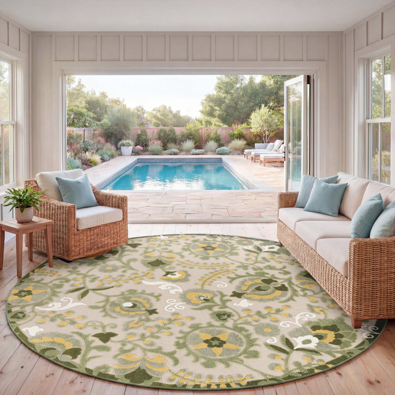 Tapis intérieur / extérieur floral Davar, Rond 7 pi 10 po