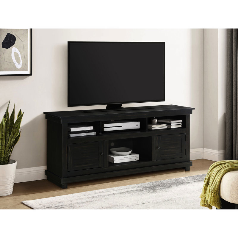 Console média vieillie pour téléviseur à écran plat de 65 pouces, avec un profil minimaliste épuré et un grand espace de rangement à six compartiments pour meuble télé 60 69 avec deux tablettes ouvertes