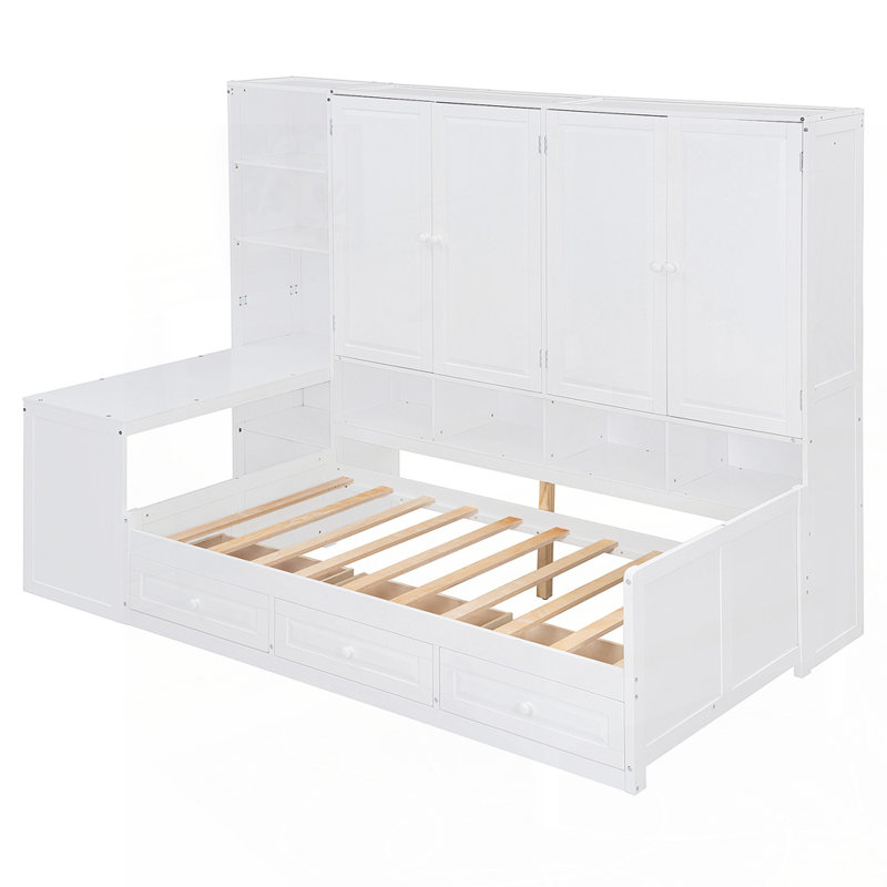 Lit de jour polyvalent en bois avec rangement intégré et poste de travail, Lit simple, Blanc