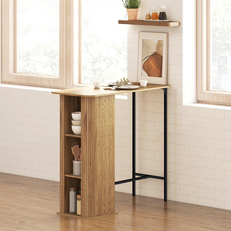 Tambour Bar Table with 3 Storage Shelves for Dining Room Natural