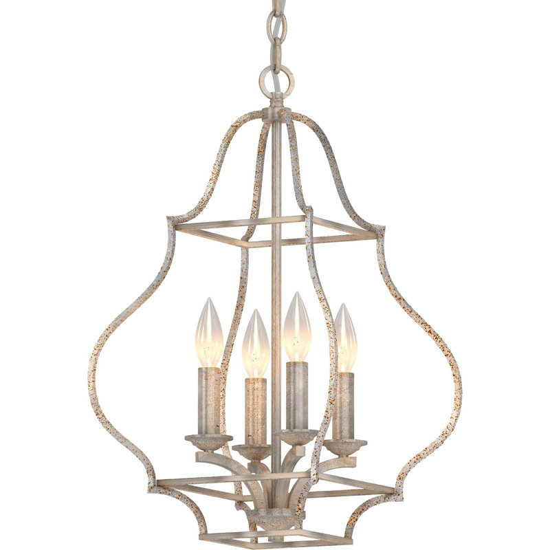 Lustre candélabre intérieur cage 4 lumières argent antique mat avec taches de rouille