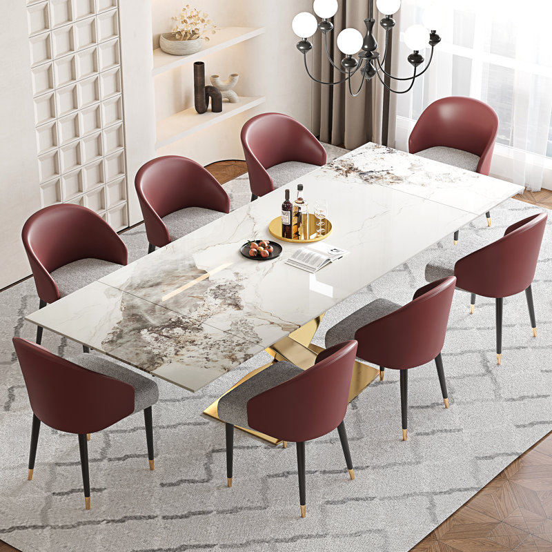 63" To 94.5" Extendable Dining Table For 8-10 With Rectangular Sintered Stone Dining Top And Steel Base, Chanel, Gold