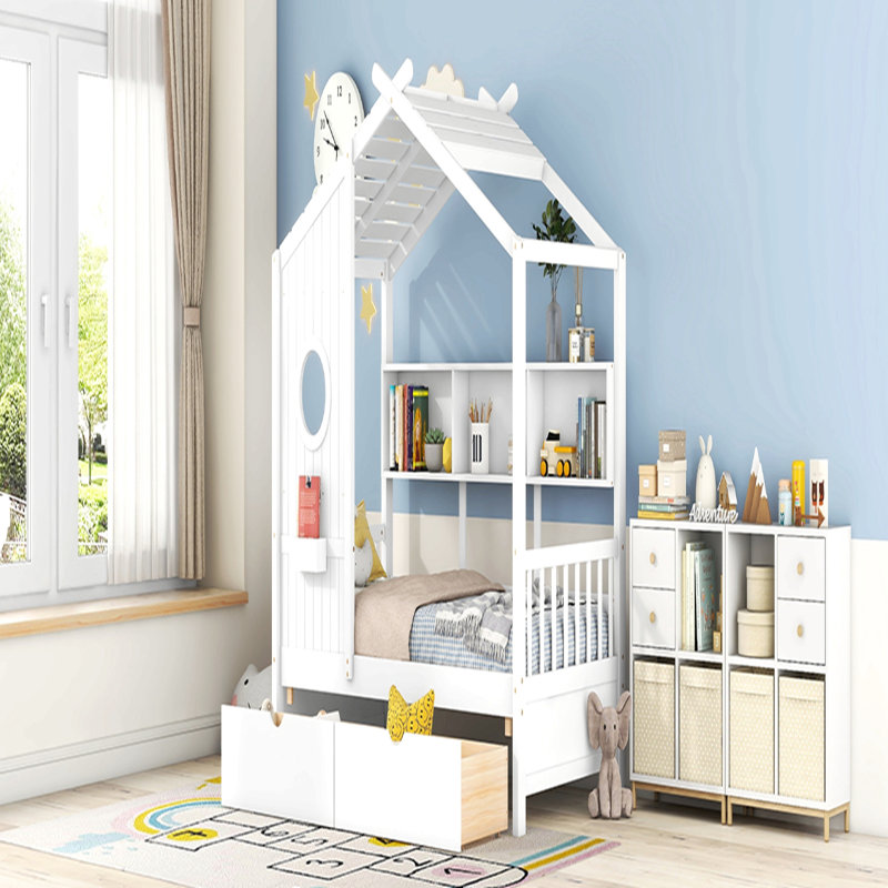 Lit en bois avec 2 tiroirs, lit pour enfant avec tablette de rangement, Lit simple, Blanc