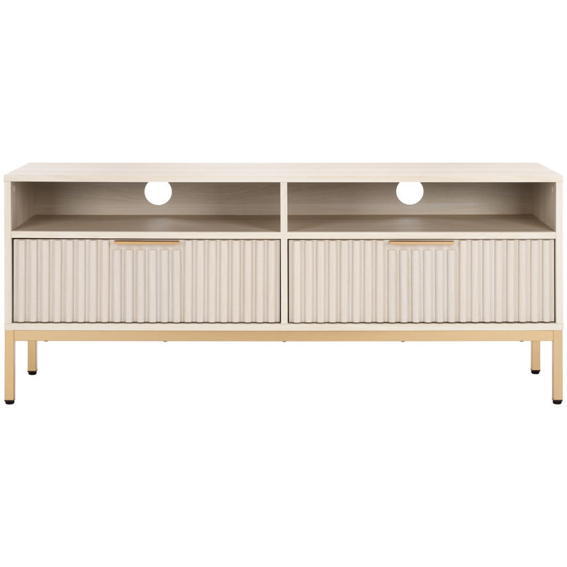 Meuble télé pour téléviseur de 60 po ou moins, Blanc blanchi / pieds dorés