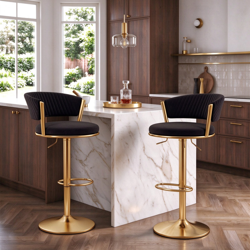 Tabouret de bar pivotant à 360° avec assise de 42 cm de large, hauteur réglable, revêtement en velours, structure en métal doré et repose-pieds.