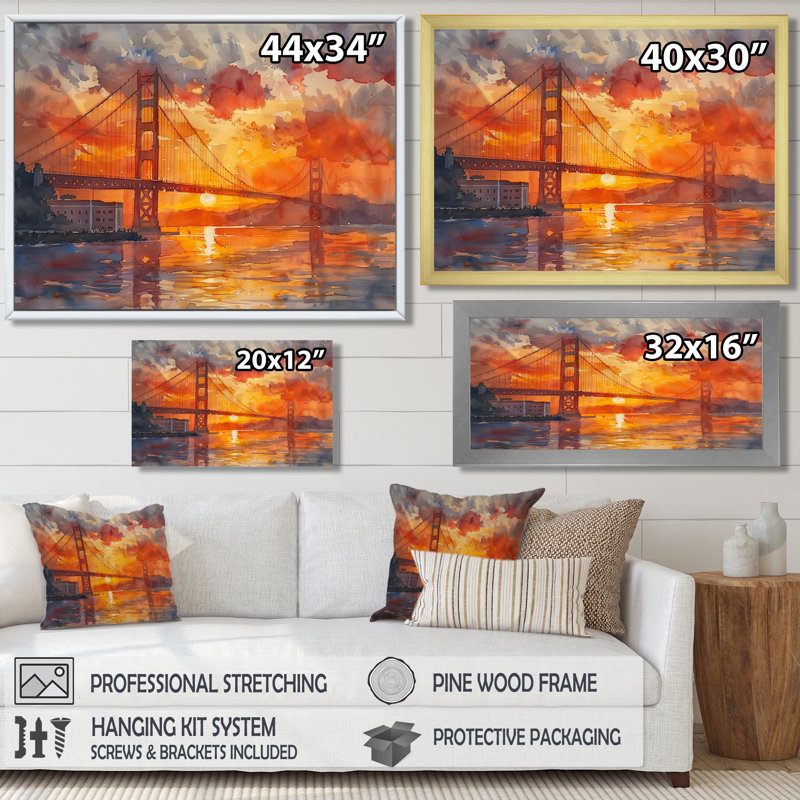 Impression d'art mural jaune et rouge Golden Gate Summer Sunset Glow III - Ponts, Toile encadrée noire simple