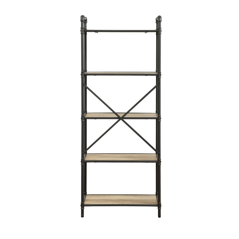 Antique Oak & Sandy Gray Finish Bookcase - Industrial Open-Frame Style With Powder Coated Metal Tubes Ample Shelving For Books And Decor Construction Colors 26" W X 14" D 63" H Bookshelf Modern