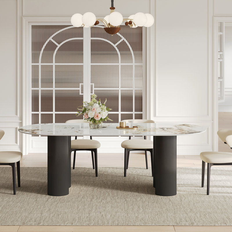 Table de salle à manger moderne 71 "ovale en faux marbre 4-6 personnes, double colonne romaine avec pieds noirs et table de cuisine minimaliste moderne pour le salon