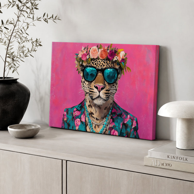 «Bright Preppy Animals», léopard rose vif avec couronne de fleurs, impression sur toile encadrée, Toile tendue
