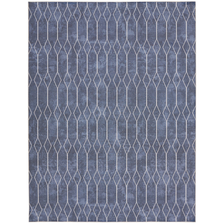 Pymble Geometric Machine Washable Area Rug in Navy Blue