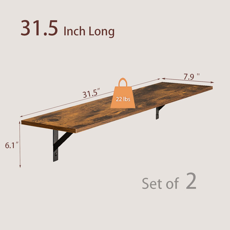 Set of 2 31.5" Long Wall Shelves with Metal Brackets, Rustic Brown