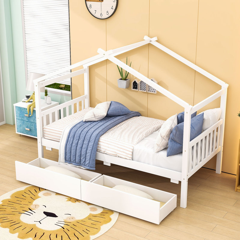 Lit simple en bois avec 2 tiroirs et garde-corps, Blanc