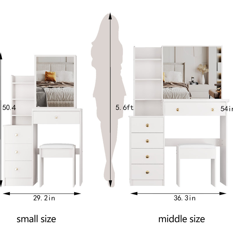 Compact Left Bedside Dresser Vanity, Includes Cushioned Chair & Extra Large Sliding Mirror, Multi-Layer Storage, Elegant White For Tiny Spaces Small Space- Cabinet Vanity Table, With Padded Stool Big