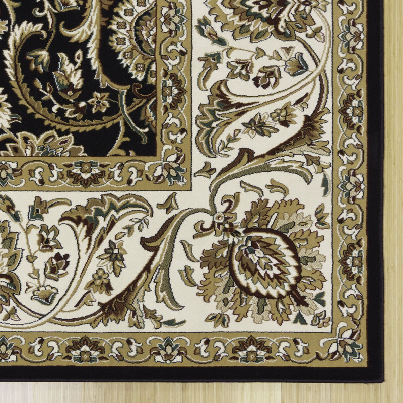 Majestic Griesemer Traditional Scrolled Floral Wide Border Black/Gold Polypropylene Area Rug, Rectangle 5'3" x 7'5"